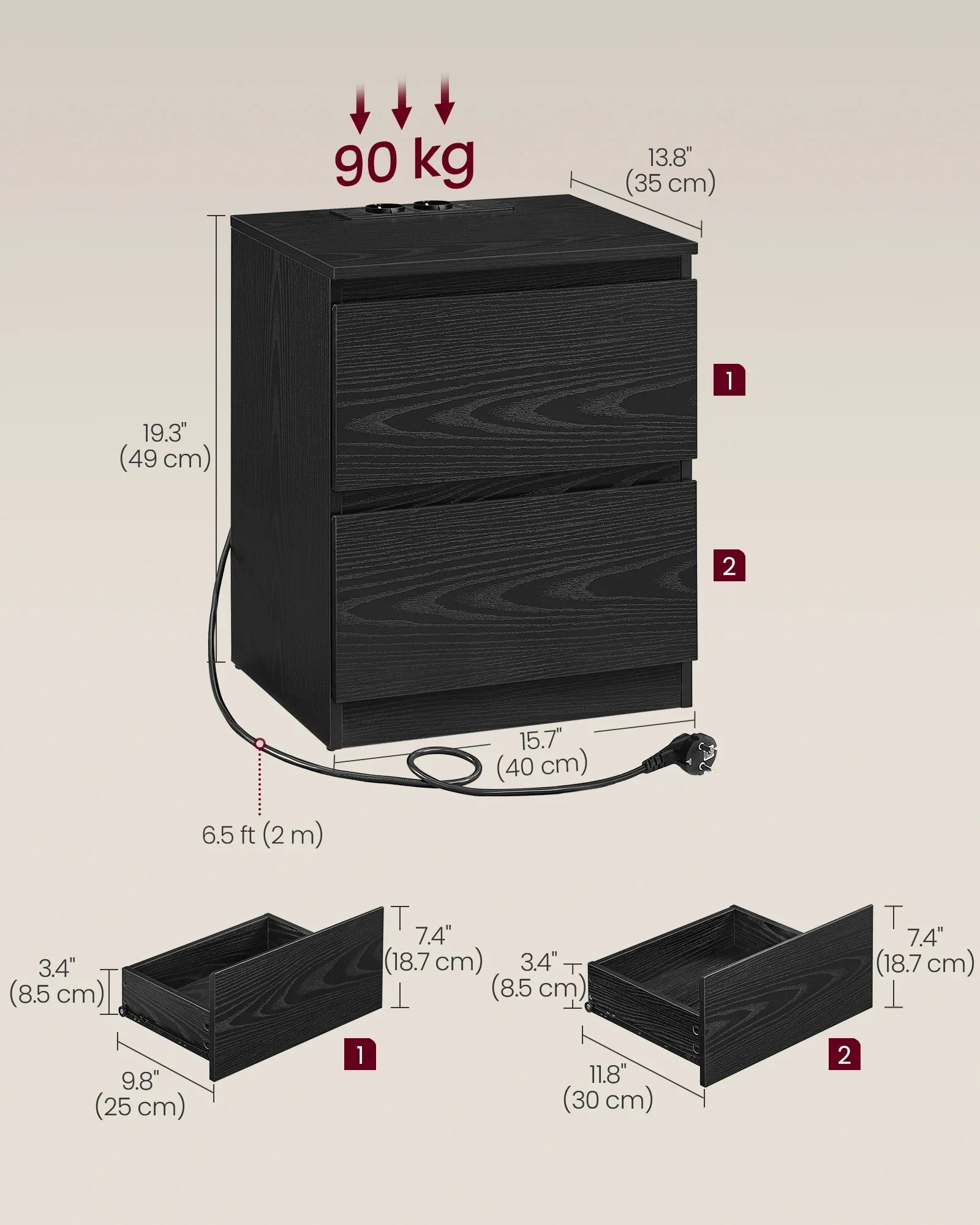 Sereva Nightstand Set of 2 with Outlets & USB Ports | Modern Bedside Tables with Charging Station | 2 Drawer Storage Cabinets