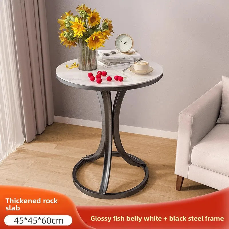 Side Table Cavero Round Rock Slab Marble Top | Modern Sofa & Bed Side Table | Metal Frame with Wheels, Mobile Design