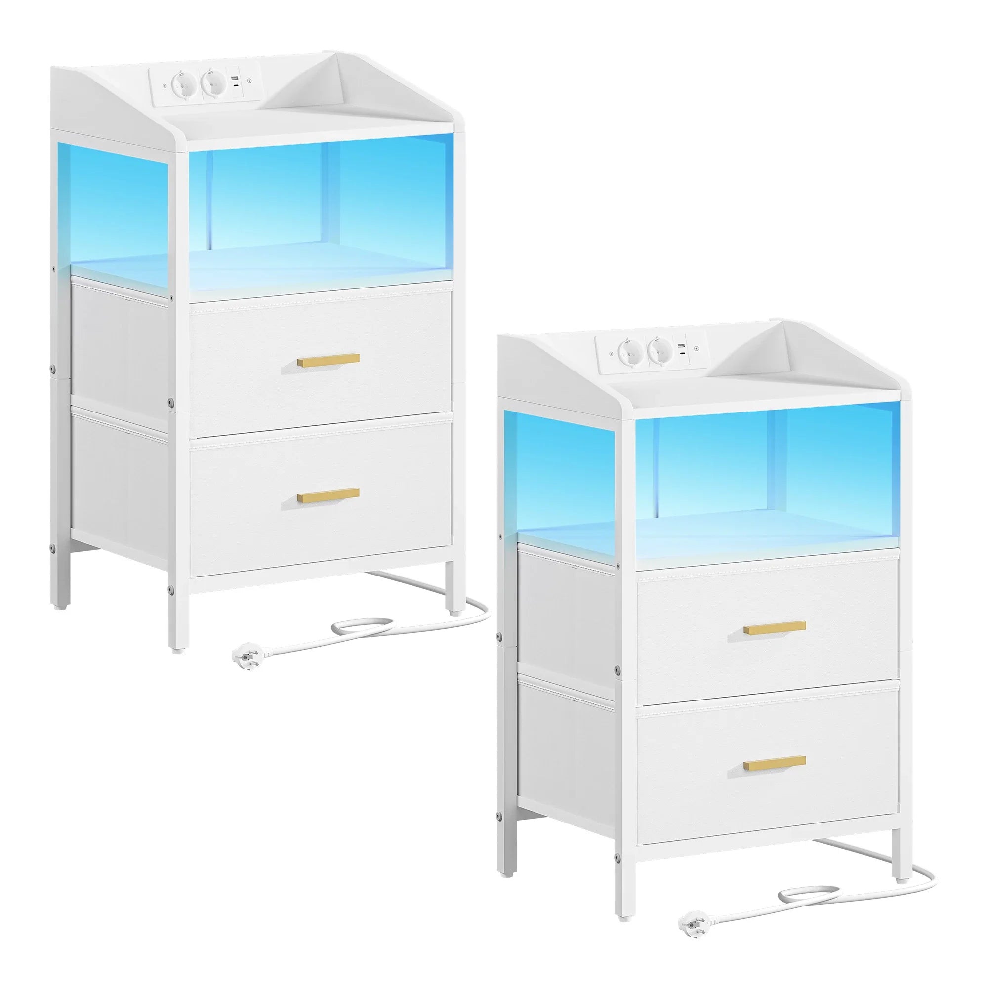 Lunova Nightstand Set of 2 with LED Lighting & Charging Station | Modern Bedside Tables with USB & Power Outlet | White/Black Storage Cabinets