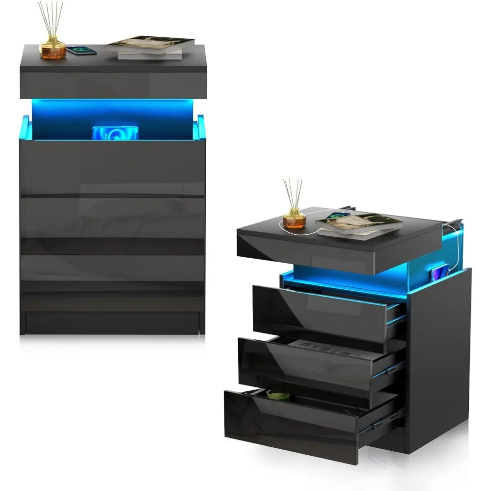 Noctelle Nightstand with Charging Station and Hidden Storage | Black Bedside Table with 3 Drawers and USB Ports