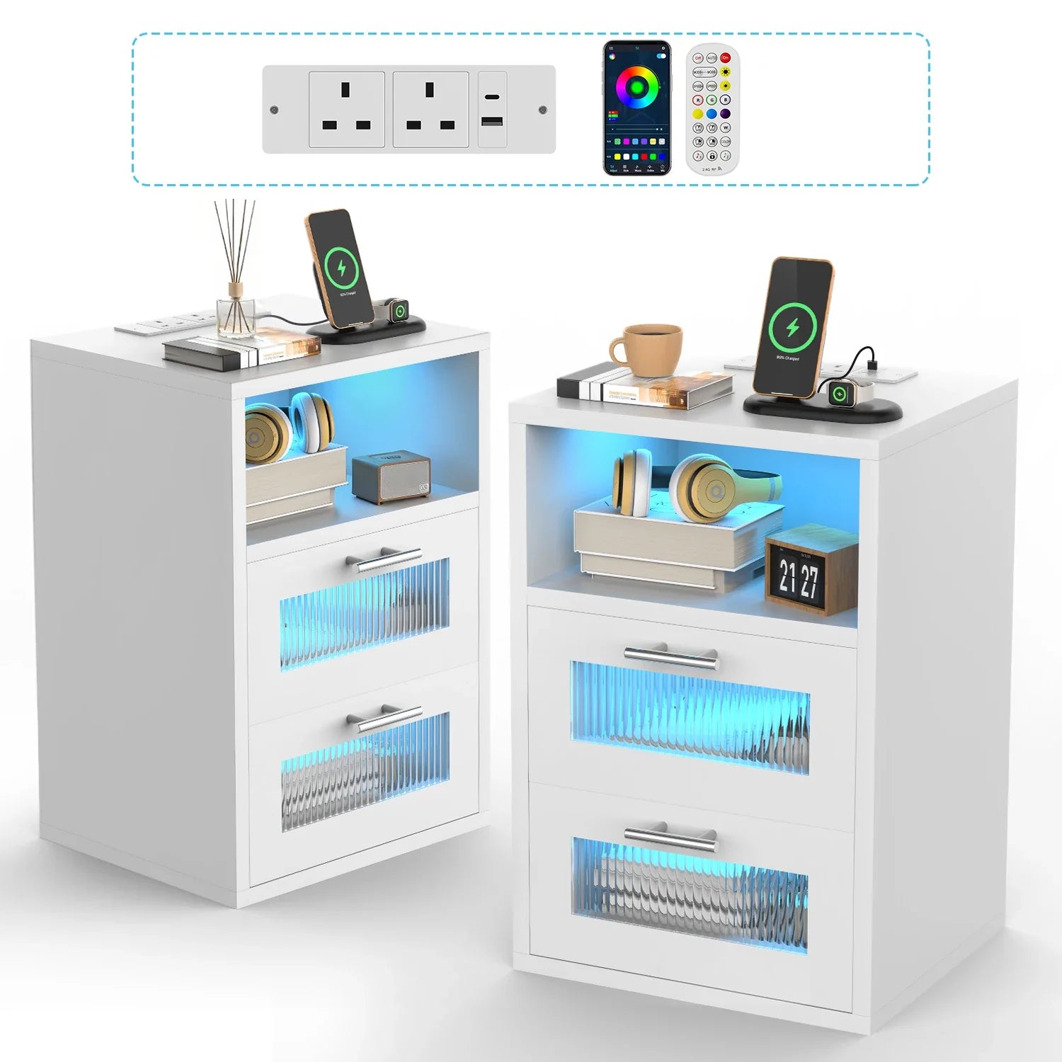 Noctura Nightstand with LED Lighting & Charging Station | 2 Drawer Bedside Table | Modern Black/White Storage Cabinet with USB & App Control