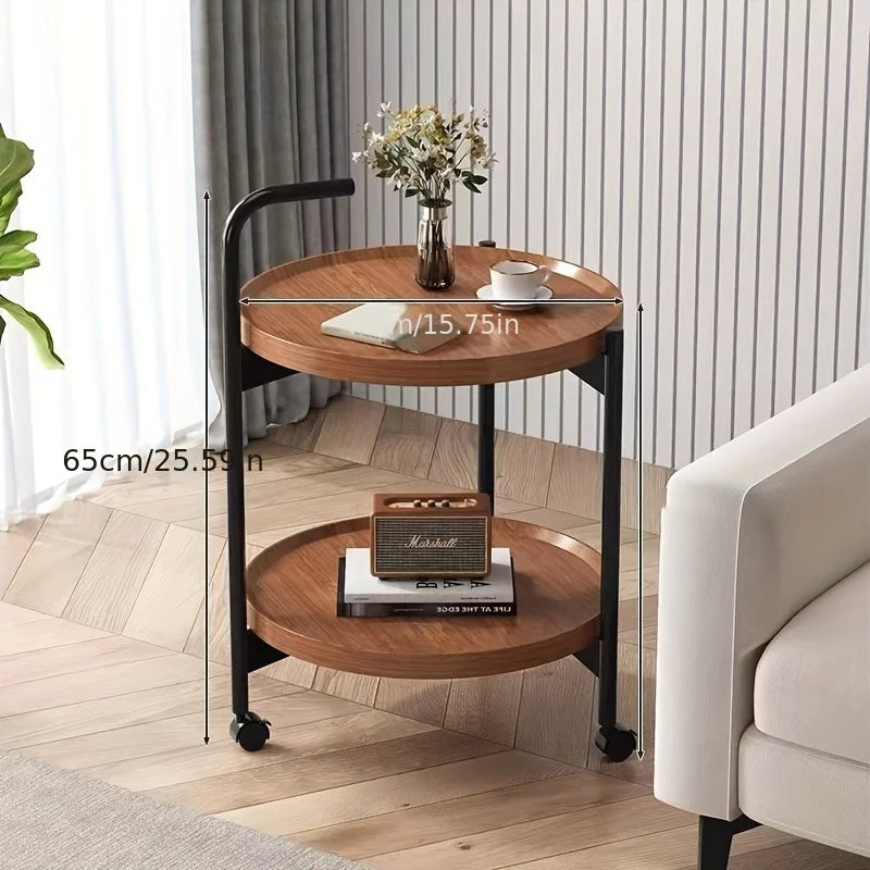 Floravelle Two-Tier Wooden Side Table on Wheels | Mobile Space-Saving Storage Coffee & Nightstand Table | Modern Natural Wood Design | Ø40 × H55 cm