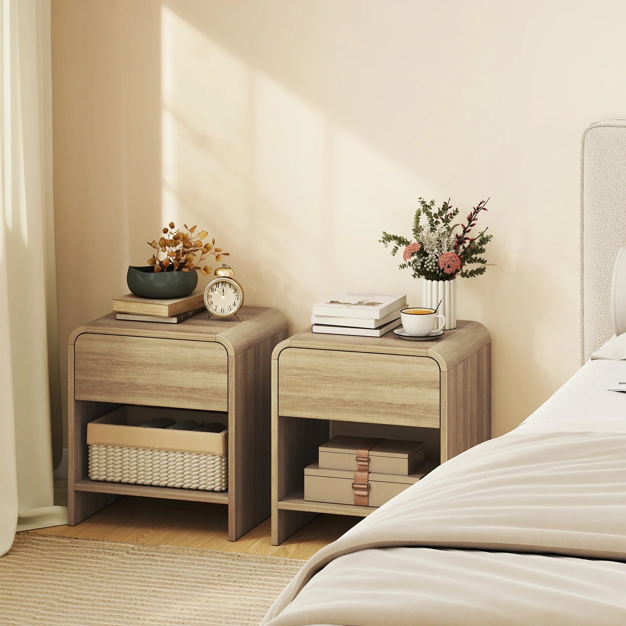 Linvara Scandinavian Nightstand Set of 2 with Drawer and Open Shelf | Minimalist Bedside Tables with Rounded Corners | Compact Bedroom Storage