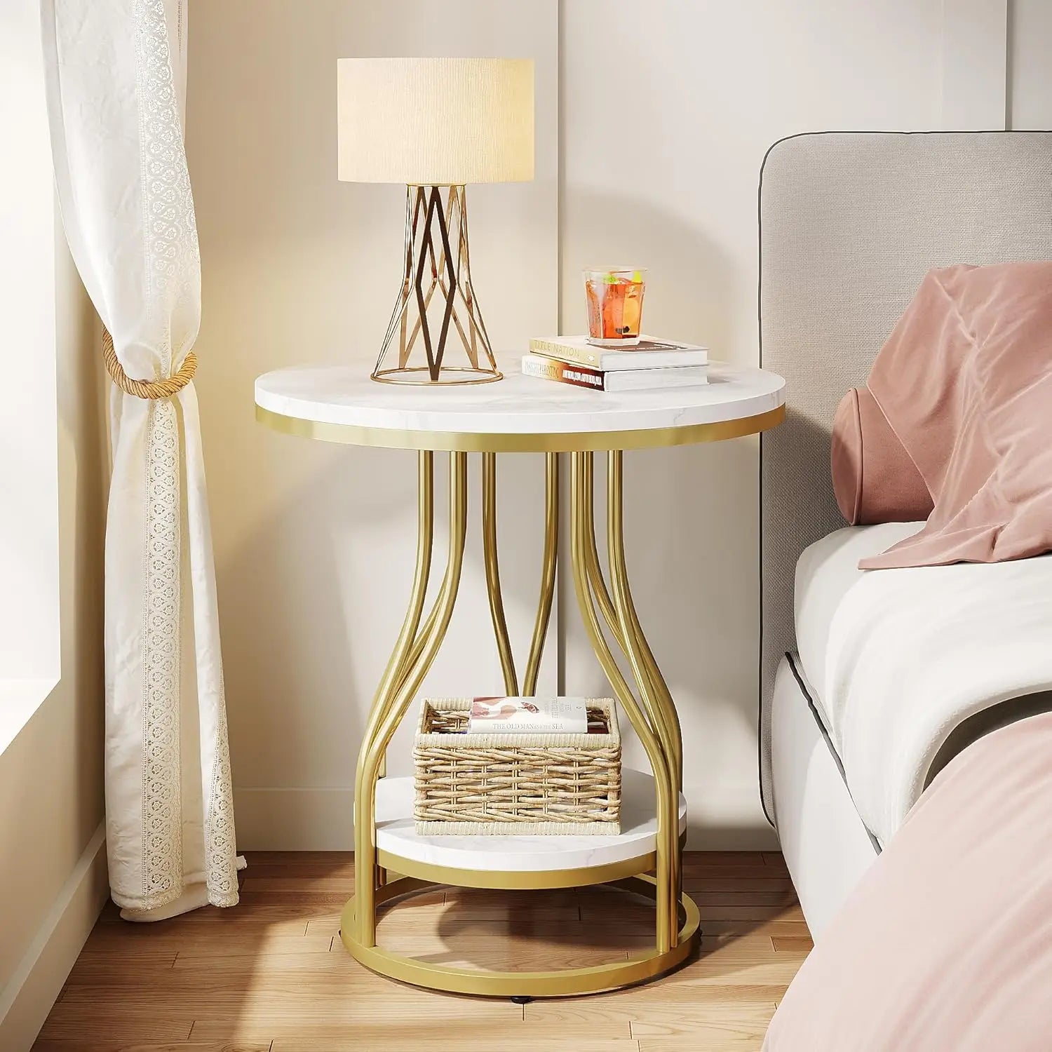 Isavelle Two-Tier Round Side Table | White Metal Frame Storage Table | Modern Sofa & Bedroom Nightstand