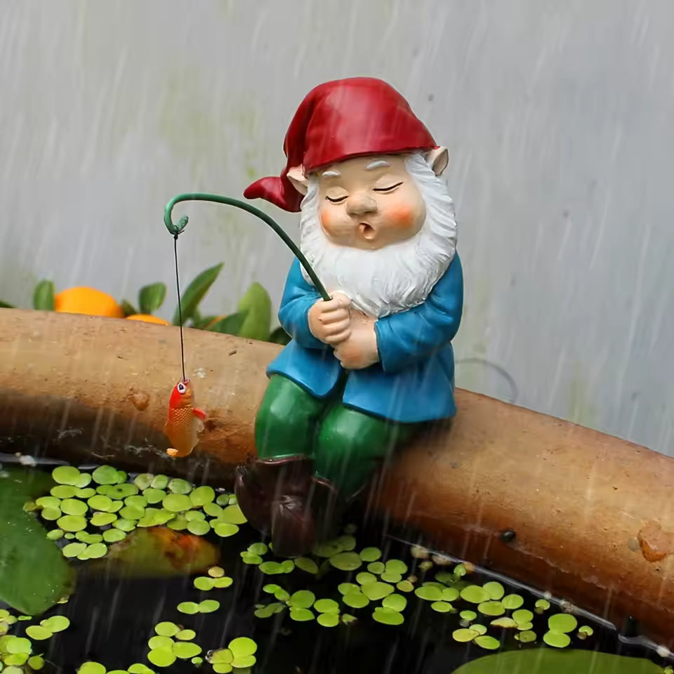 Fishing Garden Gnome Figurine with Rod for Garden & Home Decor | Weatherproof Resin Ornament | Indoor Outdoor Decorative Figure
