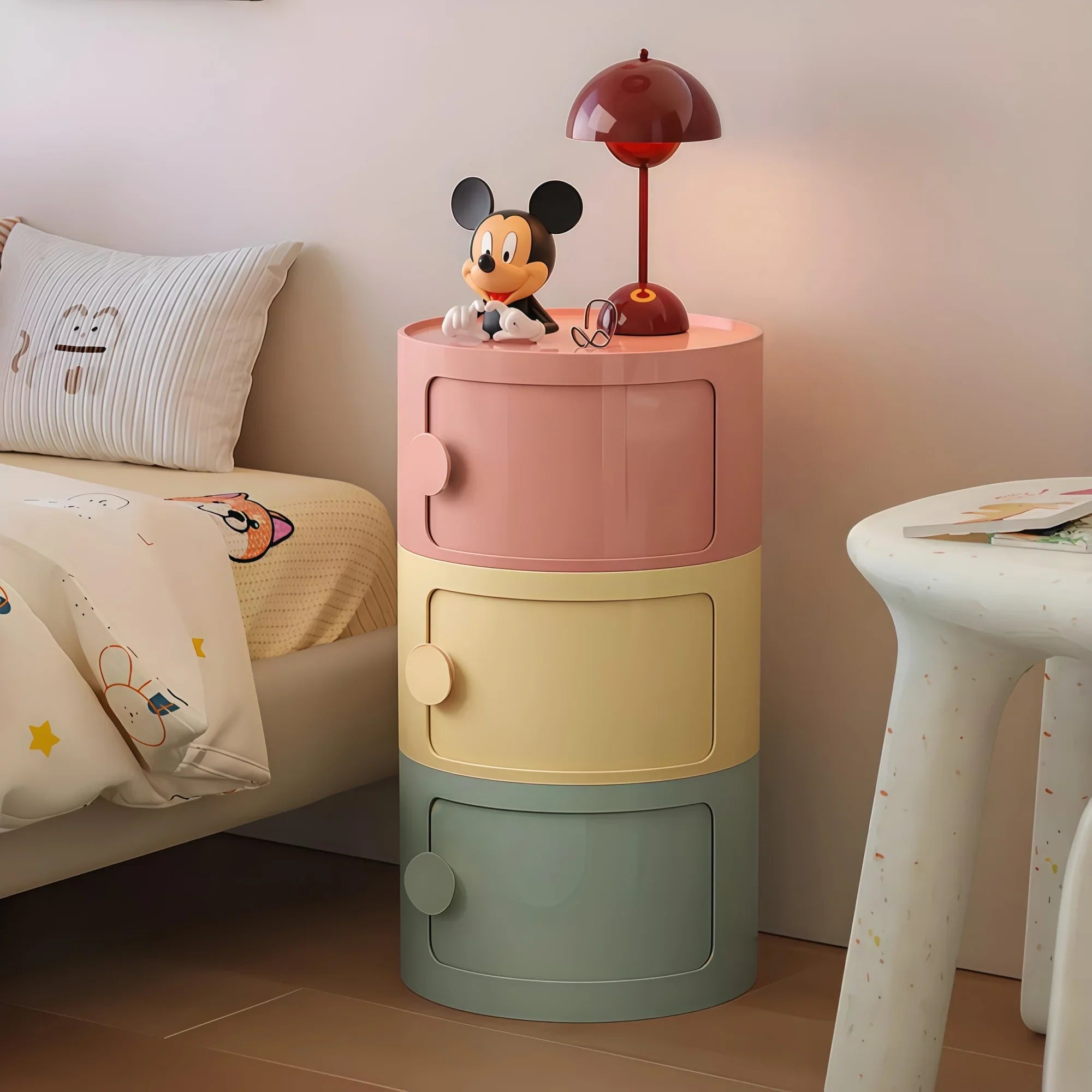 Nordivo Round Nightstand with Drawers | Scandinavian Style Bedside Table | Lightweight Space-Saving Side Table | Modern Compact Storage Cabinet