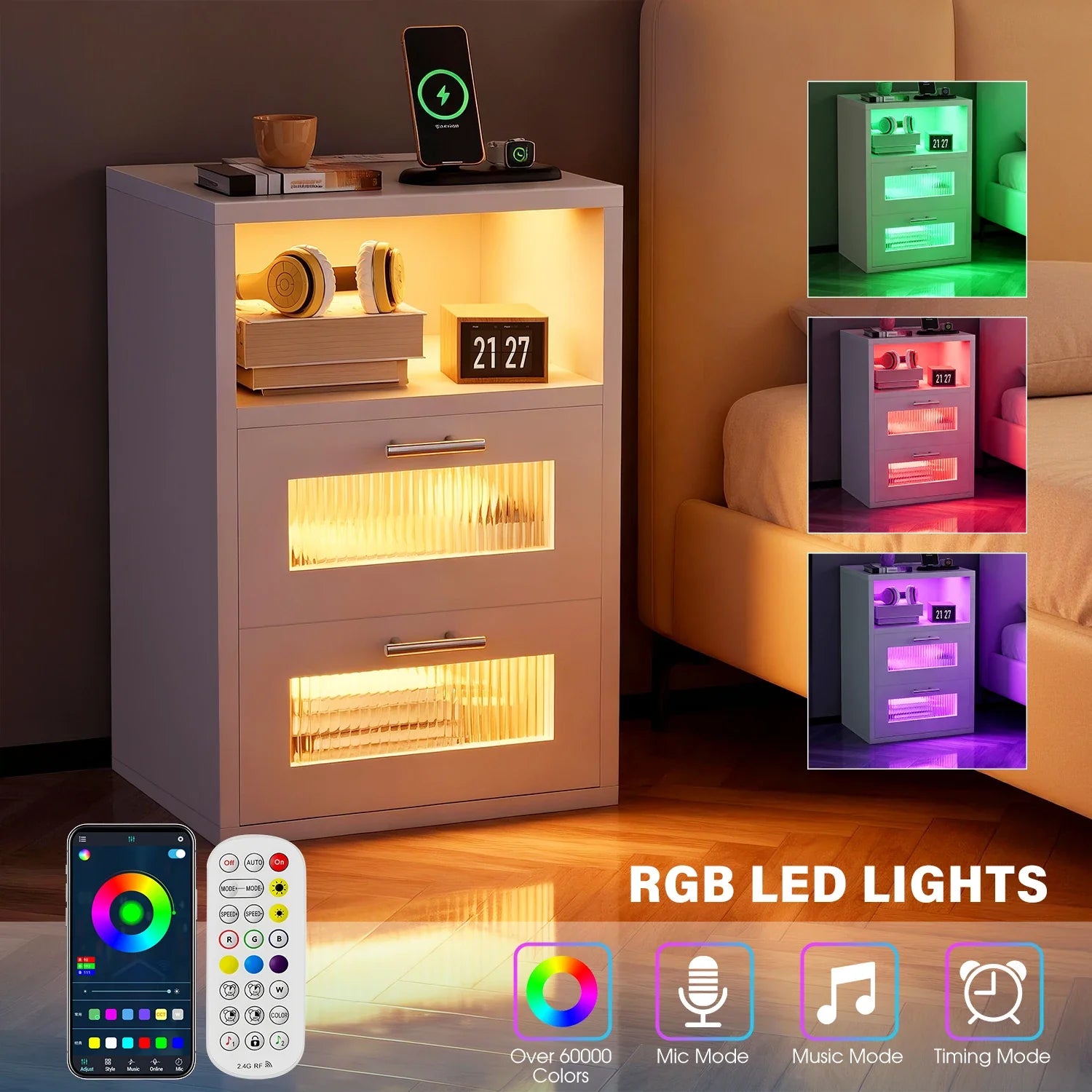 Noctura Nightstand with LED Lighting & Charging Station | 2 Drawer Bedside Table | Modern Black/White Storage Cabinet with USB & App Control