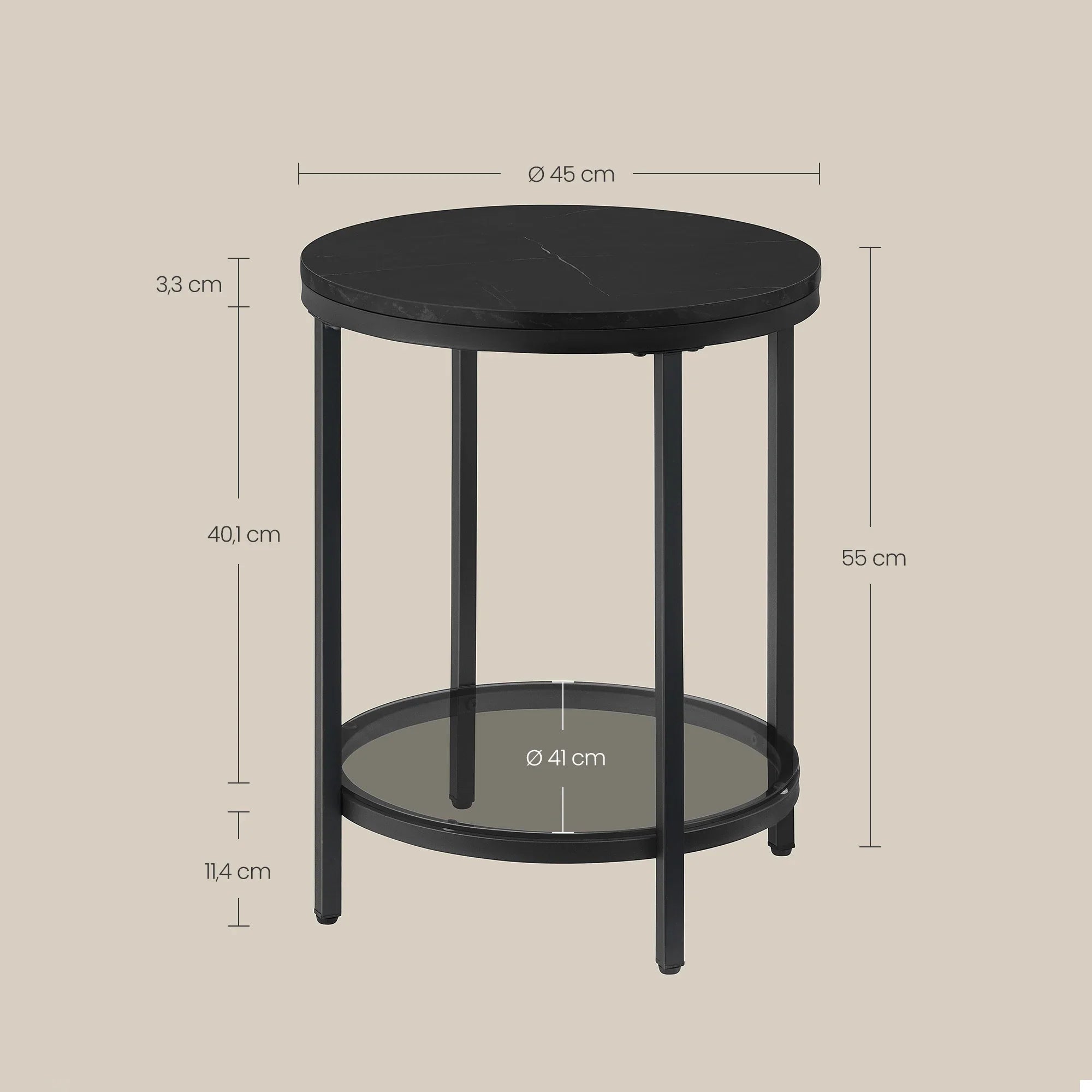 Aurephine Two-Tier Glass Side Table | Marble-Look Modern Accent Table with Steel Frame | Minimalist Coffee & Nightstand Table | Ø45 × H44 cm