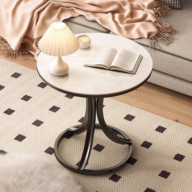 Side Table Cavero Round Rock Slab Marble Top | Modern Sofa & Bed Side Table | Metal Frame with Wheels, Mobile Design
