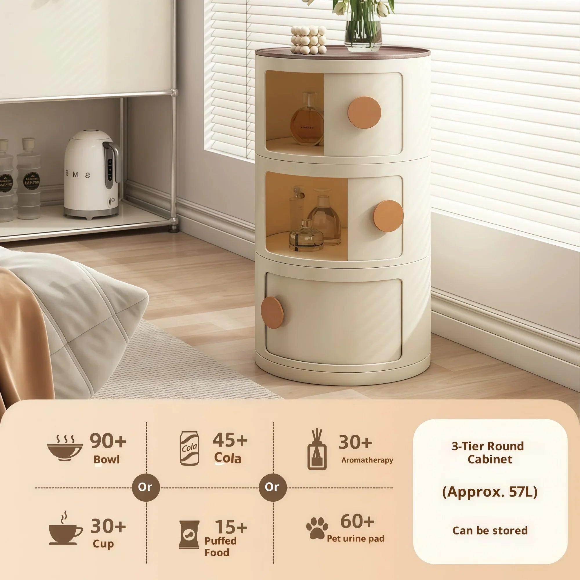 Nordivo Round Nightstand with Drawers | Scandinavian Style Bedside Table | Lightweight Space-Saving Side Table | Modern Compact Storage Cabinet