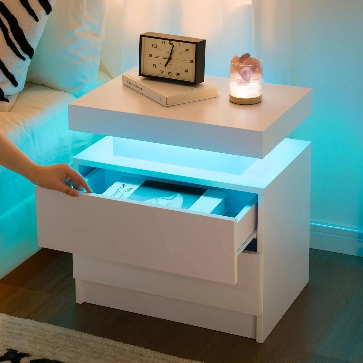 Lumora White High Gloss Nightstand with RGB LED Lighting | Modern Bedside Table with 2 Drawers | LED Side Table with Storage