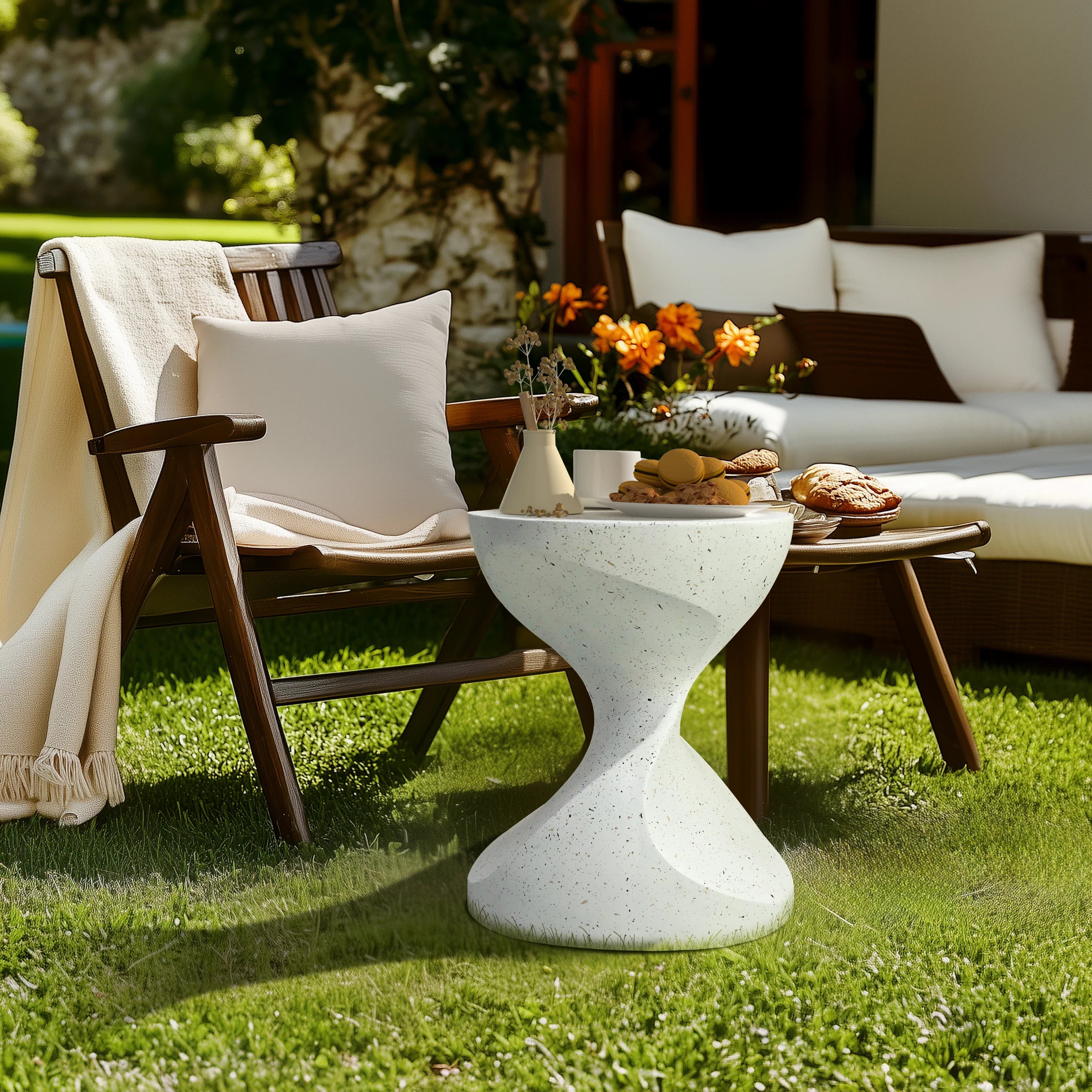Zanvero White Hourglass Side Table | Lightweight Concrete Accent Table | Modern Sculptural Sofa & Nightstand Table