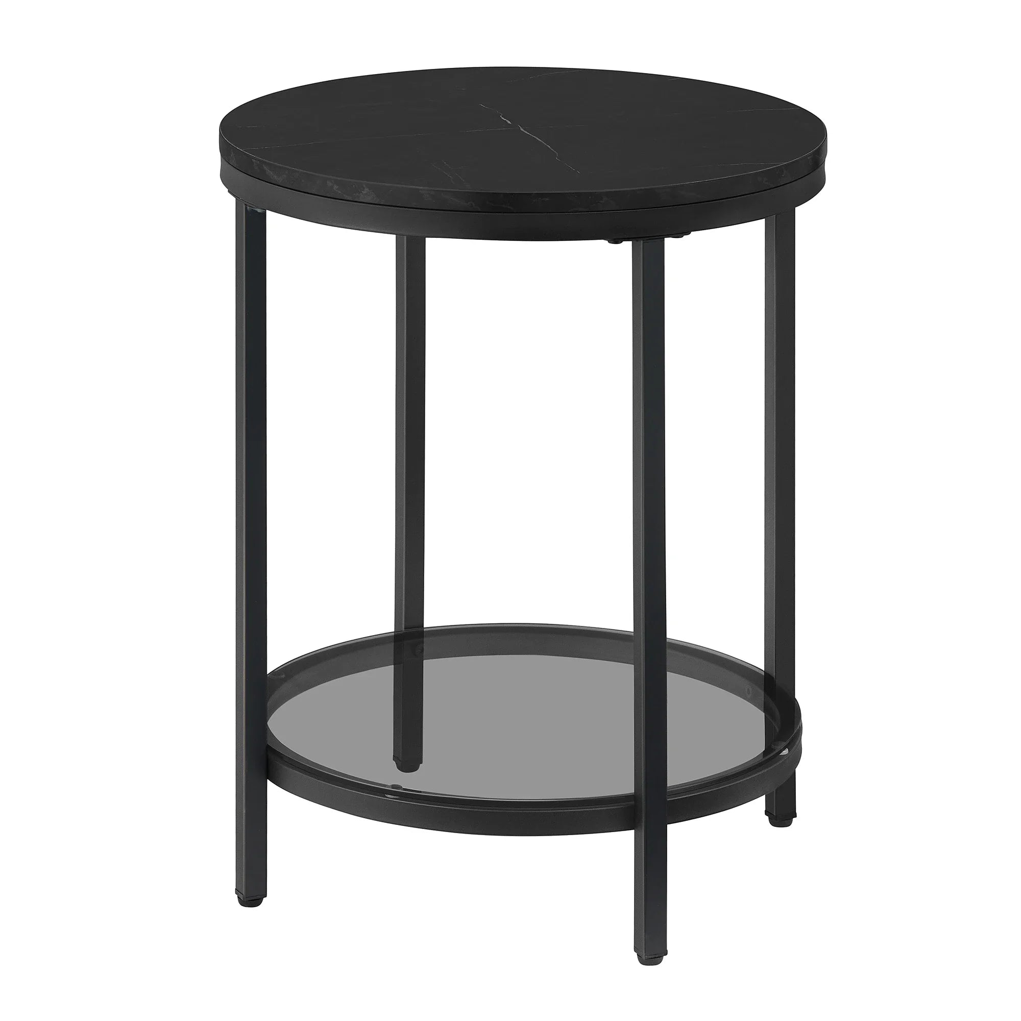 Aurephine Two-Tier Glass Side Table | Marble-Look Modern Accent Table with Steel Frame | Minimalist Coffee & Nightstand Table | Ø45 × H44 cm
