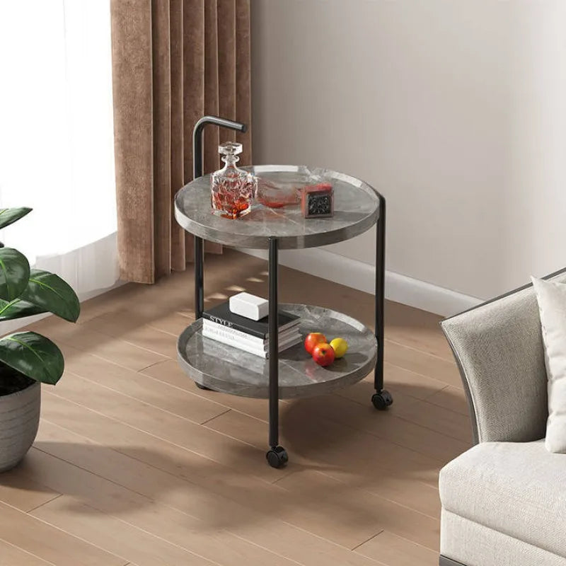 Floravelle Two-Tier Wooden Side Table on Wheels | Mobile Space-Saving Storage Coffee & Nightstand Table | Modern Natural Wood Design | Ø40 × H55 cm