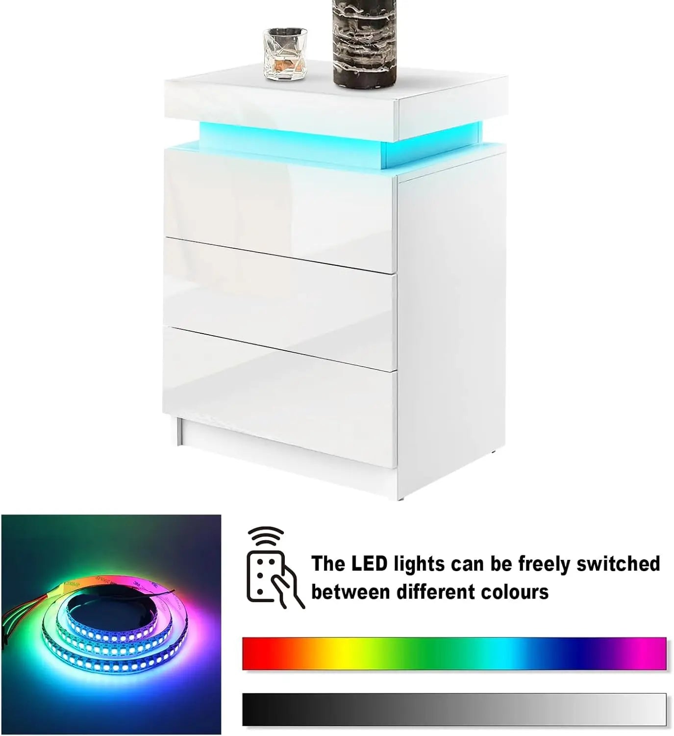 Velmira White High Gloss Nightstand with LED Lighting | Modern Bedside Table with 3 Drawers | LED Side Table for Bedroom