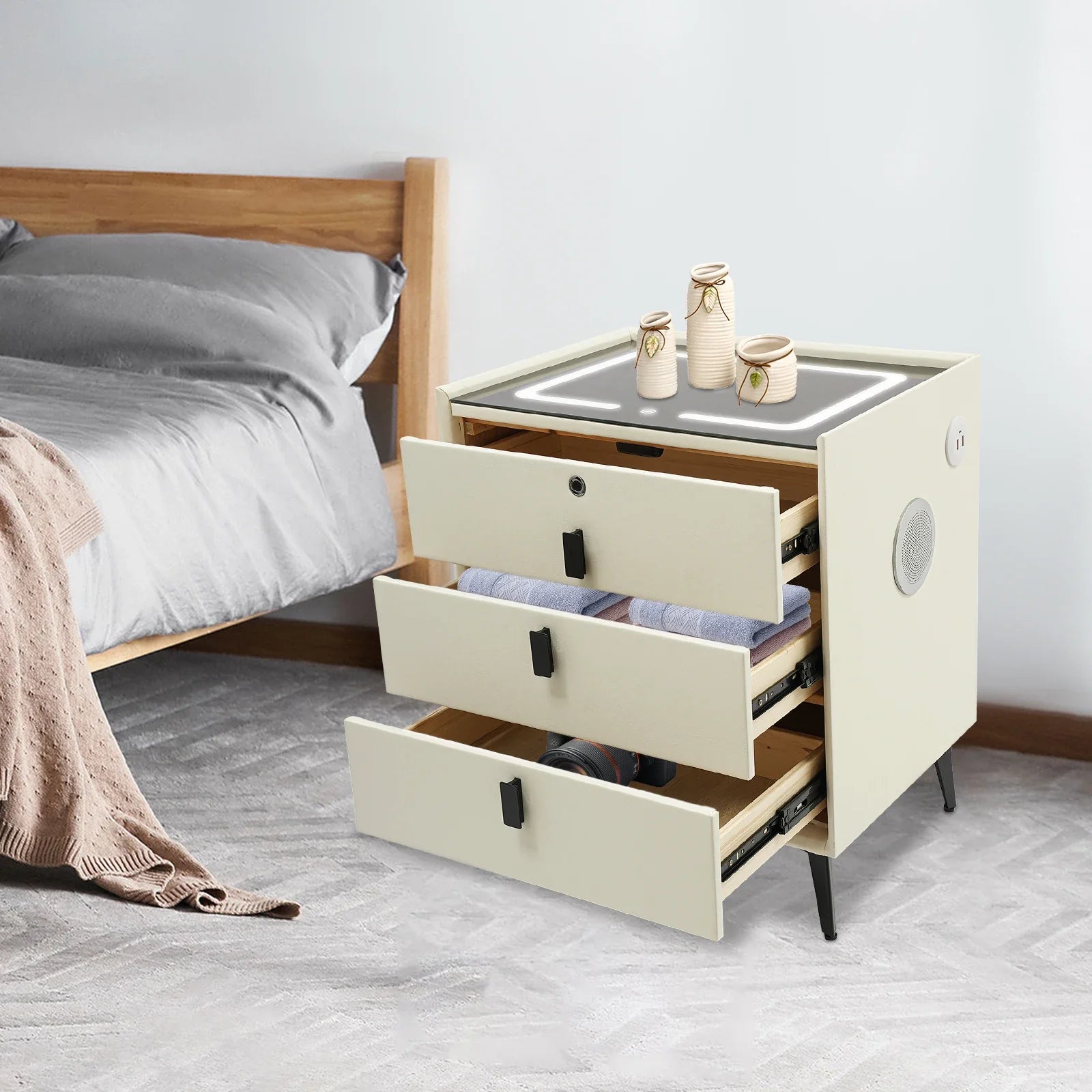 Elaron Smart Nightstand with LED Lighting & Fingerprint Lock | Wireless Charging Bedside Table with Bluetooth Speakers | Modern 3 Drawer Storage Cabinet