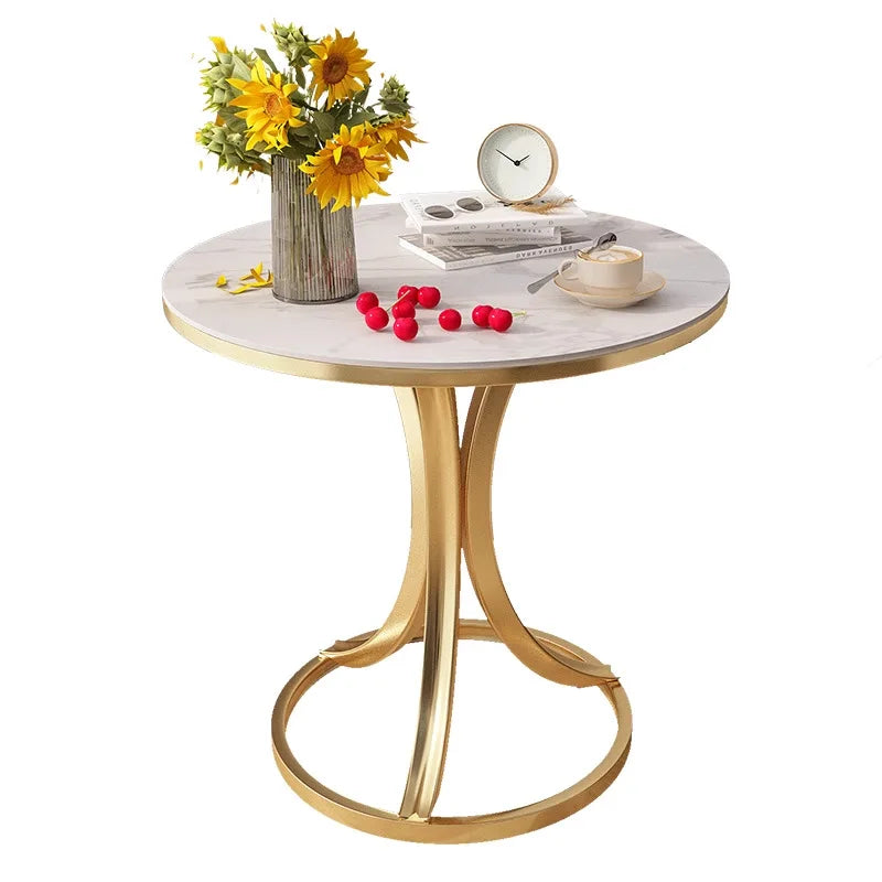 Side Table Cavero Round Rock Slab Marble Top | Modern Sofa & Bed Side Table | Metal Frame with Wheels, Mobile Design