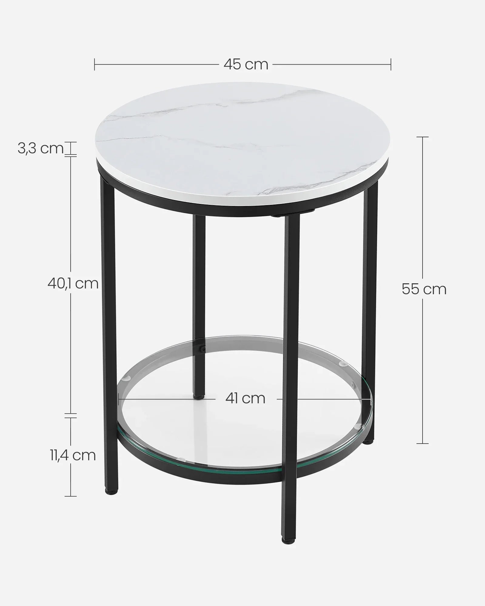 Aurephine Two-Tier Glass Side Table | Marble-Look Modern Accent Table with Steel Frame | Minimalist Coffee & Nightstand Table | Ø45 × H44 cm