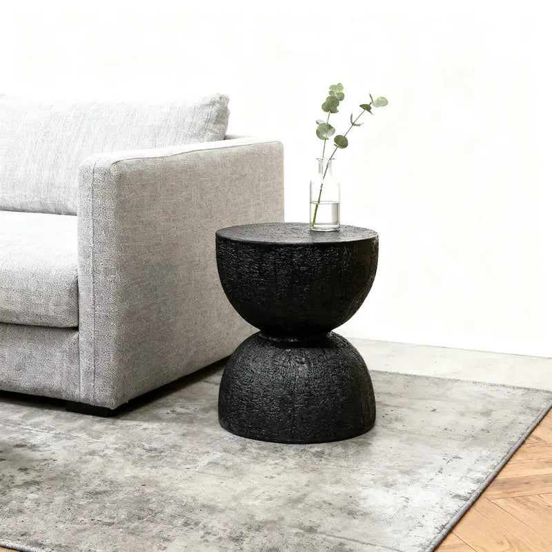 Rovinio Black Round Coffee Table | Tree Trunk Look Hourglass Side Table | Modern Rustic Accent Table