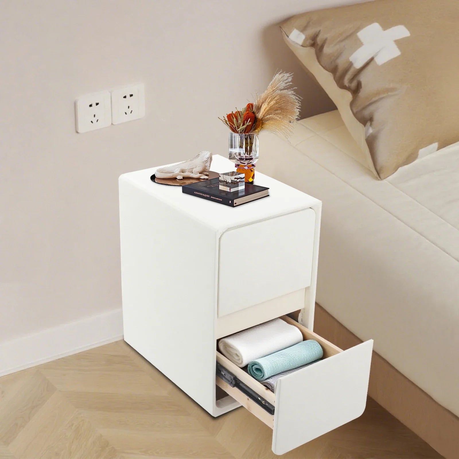 Selvano Small Nightstand with 2 Drawers | Slim Modern Bedside Table | Space-Saving Storage Cabinet | White Minimalist Design