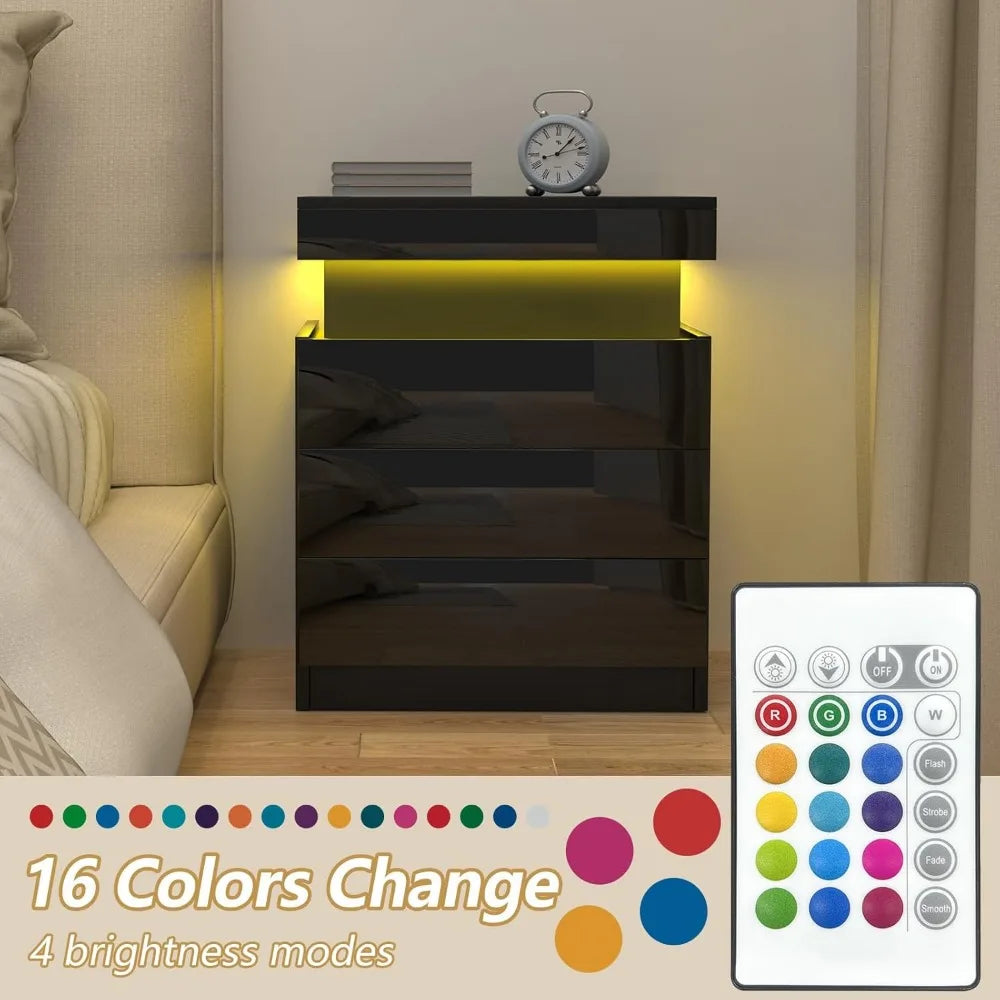 Noctelle Nightstand with Charging Station and Hidden Storage | Black Bedside Table with 3 Drawers and USB Ports