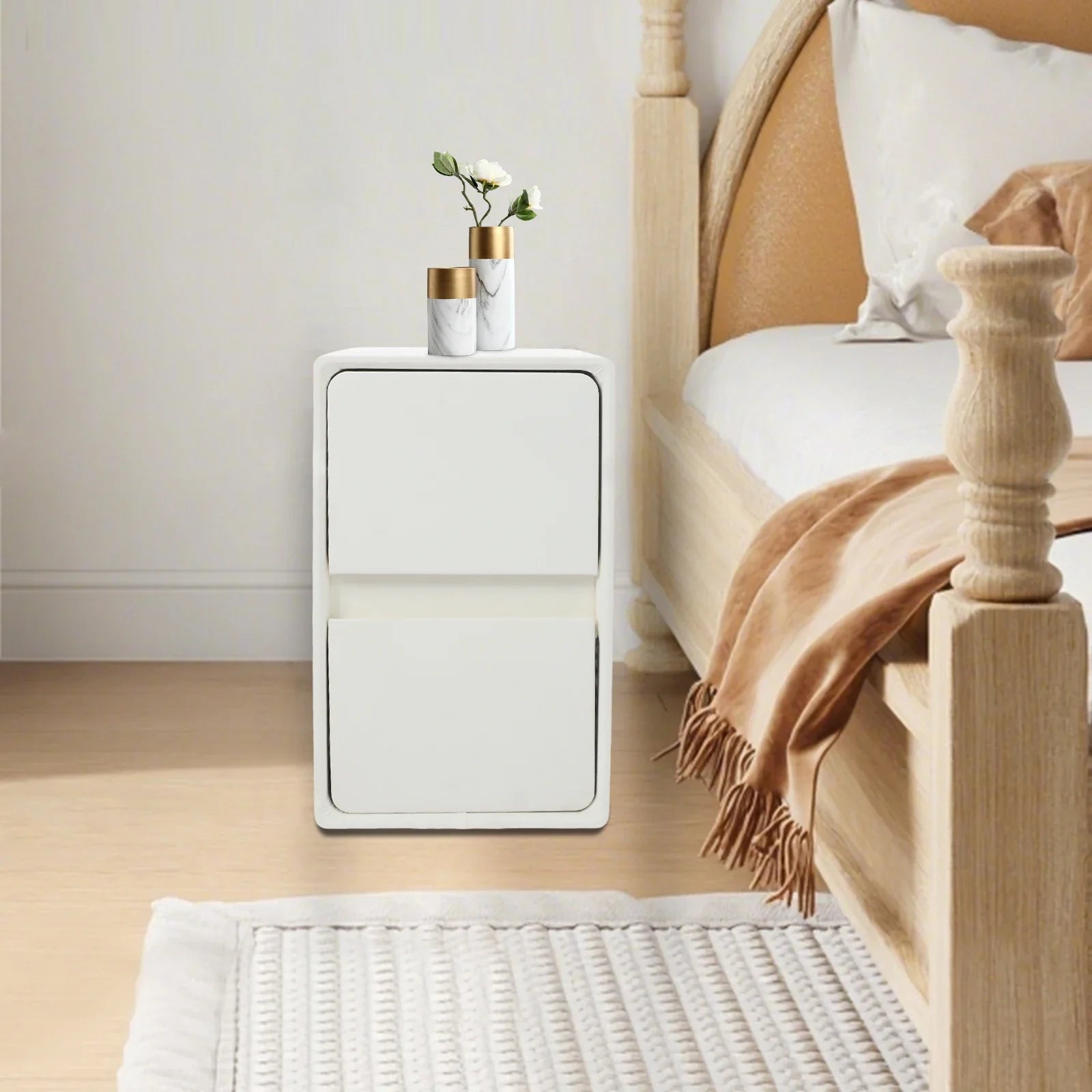 Selvano Small Nightstand with 2 Drawers | Slim Modern Bedside Table | Space-Saving Storage Cabinet | White Minimalist Design