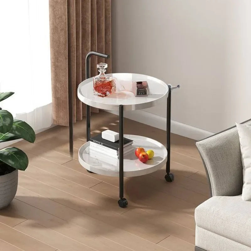 Floravelle Two-Tier Wooden Side Table on Wheels | Mobile Space-Saving Storage Coffee & Nightstand Table | Modern Natural Wood Design | Ø40 × H55 cm