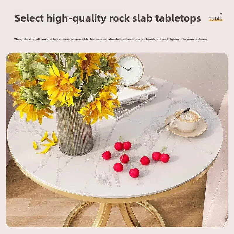 Side Table Cavero Round Rock Slab Marble Top | Modern Sofa & Bed Side Table | Metal Frame with Wheels, Mobile Design
