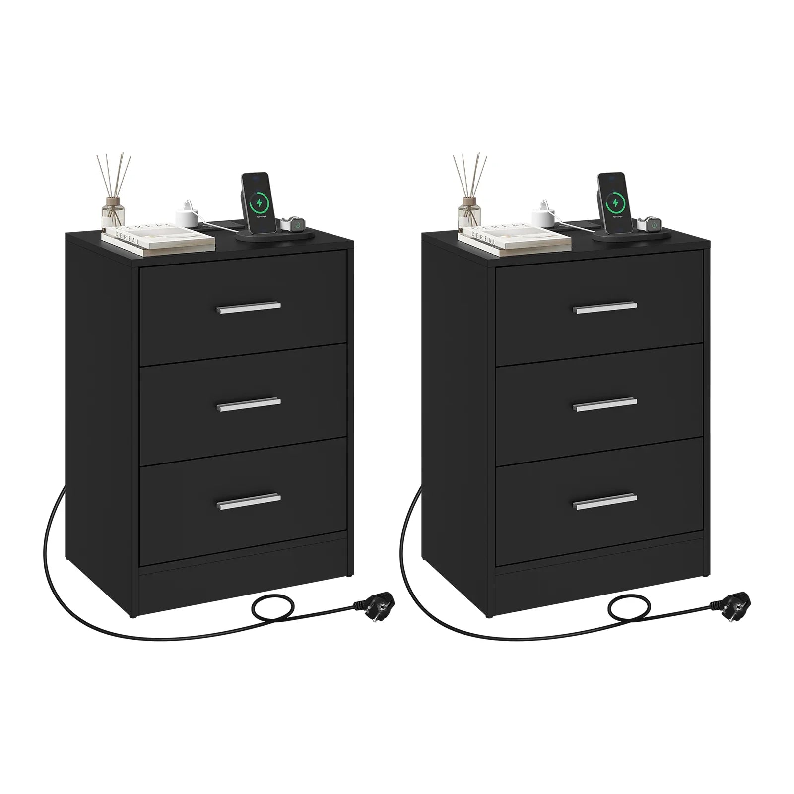 Tavira Modern Nightstand with 3 Drawers | Built-In Charging Port & Power Socket | Compact Bedside Table for Bedroom or Living Room