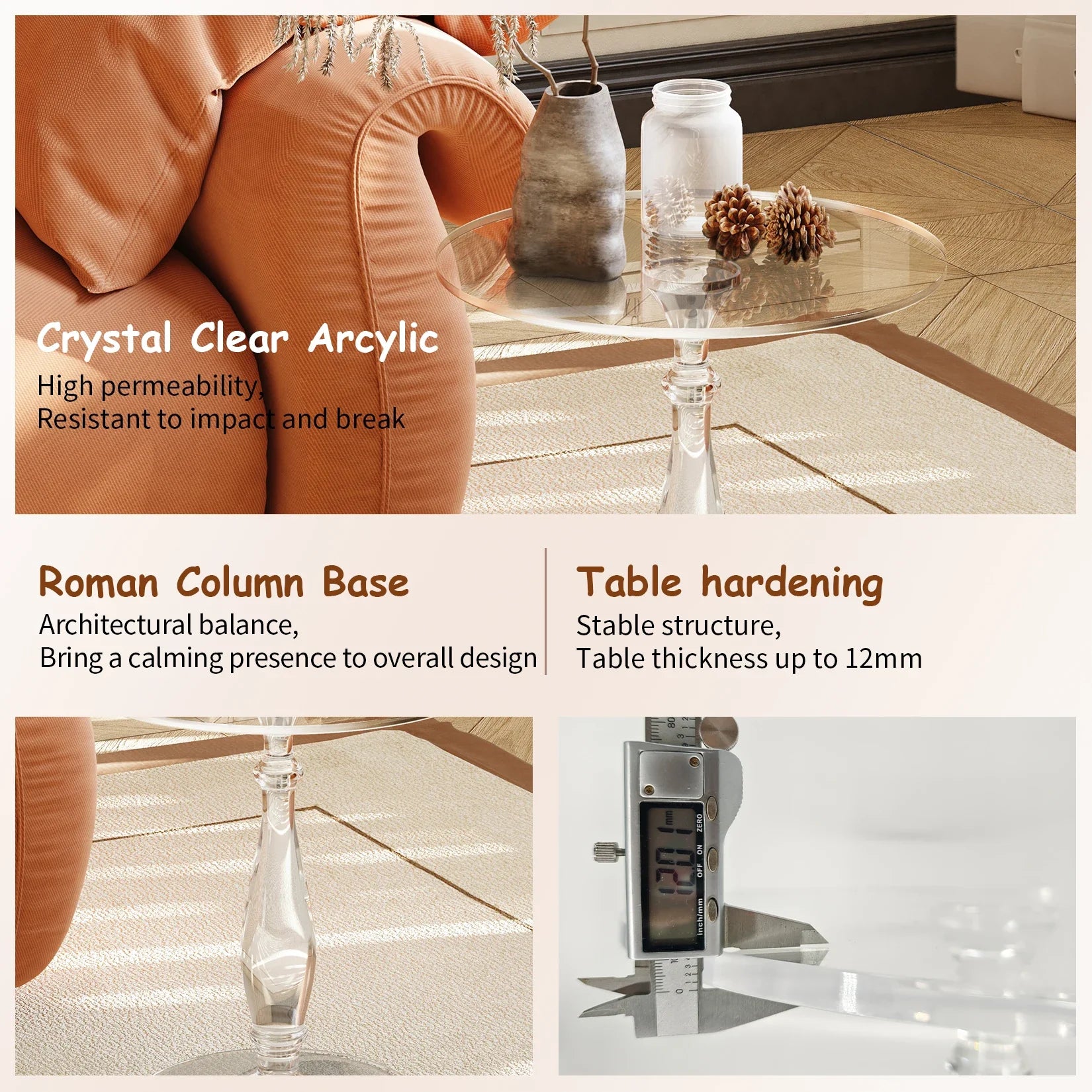 Aurelin Round Transparent Acrylic Side Table | Modern Roman Column Accent Table