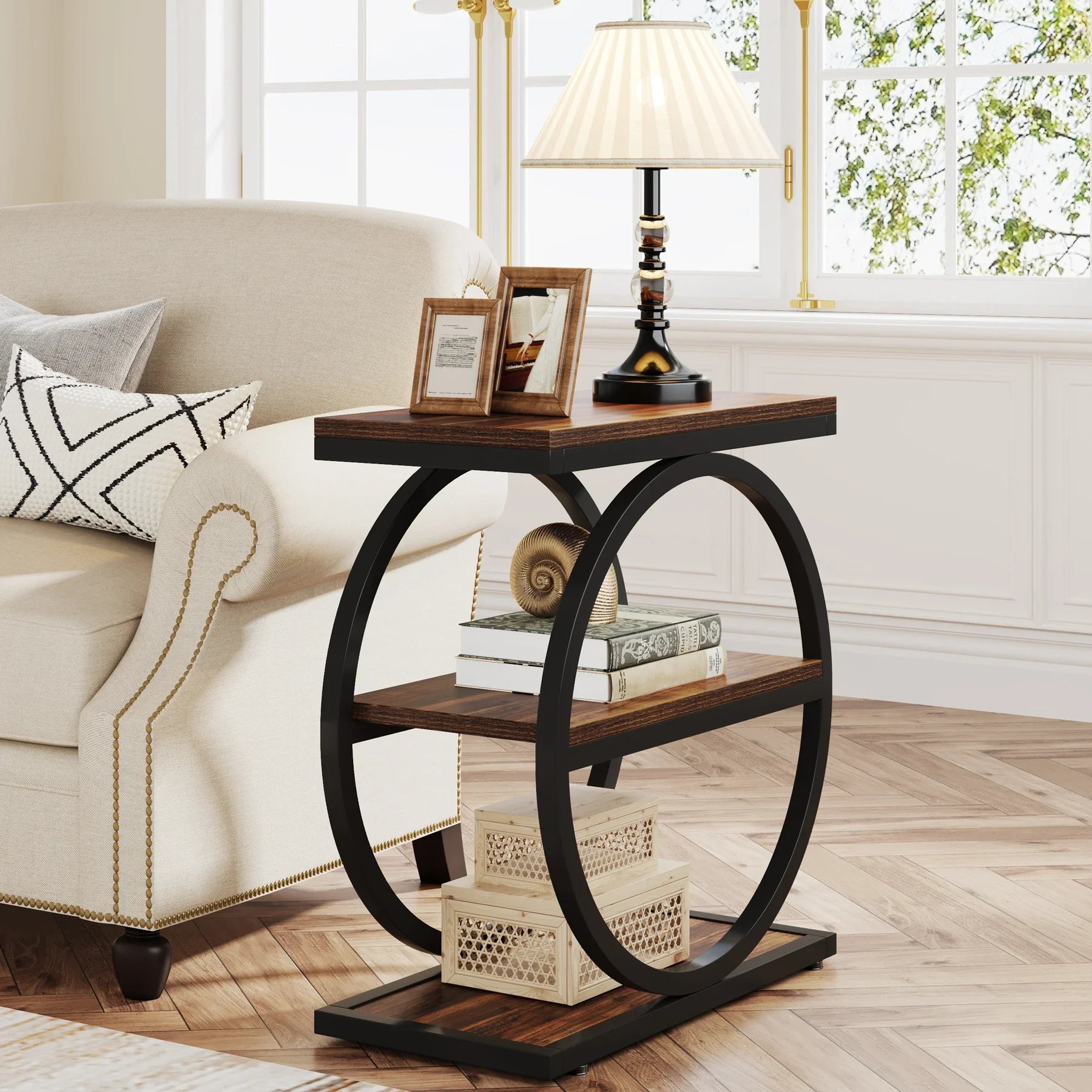 Isyvelra Industrial Narrow Side Table | 3-Tier Wooden Storage Shelf Table | Slim Space-Saving Nightstand & Sofa Table | Wood & Metal Design | 30 × 60 × 65 cm