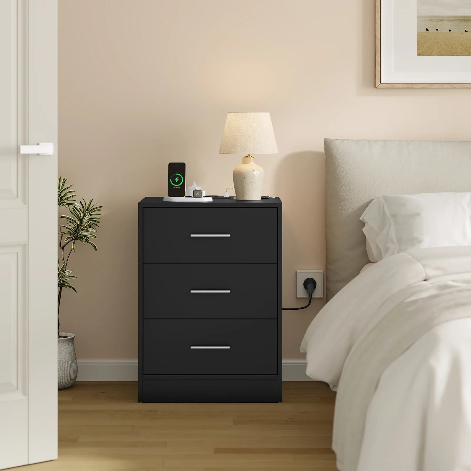 Tavira Modern Nightstand with 3 Drawers | Built-In Charging Port & Power Socket | Compact Bedside Table for Bedroom or Living Room