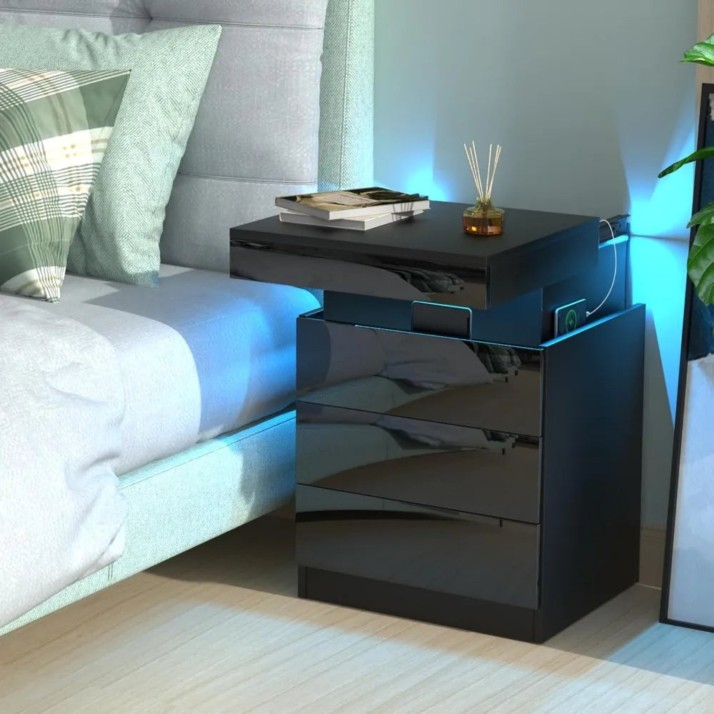Noctelle Nightstand with Charging Station and Hidden Storage | Black Bedside Table with 3 Drawers and USB Ports