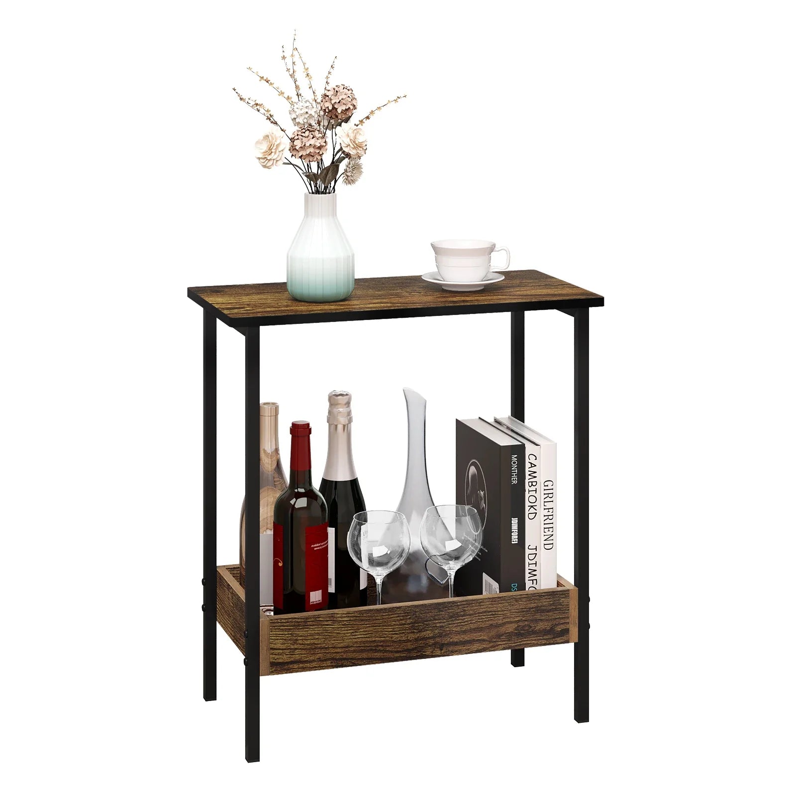 Velistra 2-Shelf Side Table | Wooden & Metal Coffee Table with Storage | Compact Modern Nightstand & Sofa Table | Space-Saving Design | 50 × 55 × 25 cm