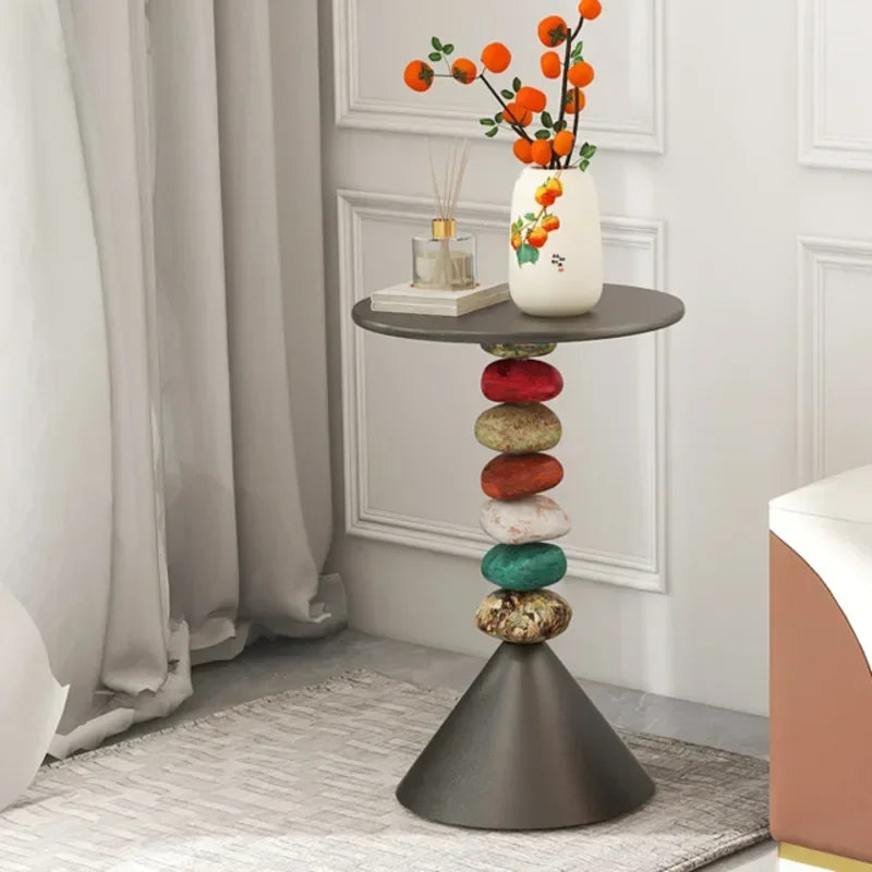 Marovien Colorful Stacked Stone Side Table | Round Accent Table with Storage and Wheels