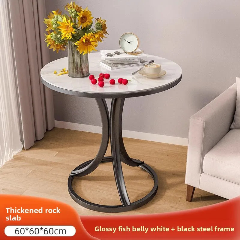 Side Table Cavero Round Rock Slab Marble Top | Modern Sofa & Bed Side Table | Metal Frame with Wheels, Mobile Design