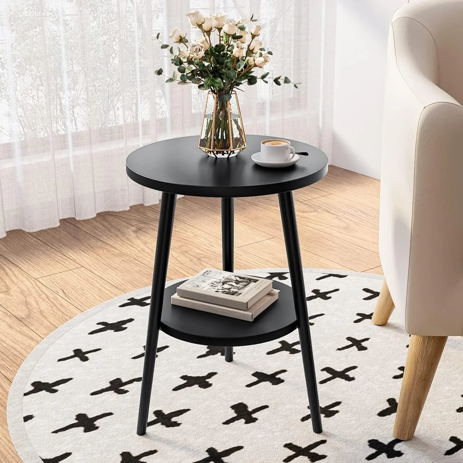 Cirenya Round Two-Tier Side Table | Modern Minimalist Storage Coffee & Nightstand Table | Compact Black Accent Table for Living Room & Bedroom | Ø38 × H55 cm