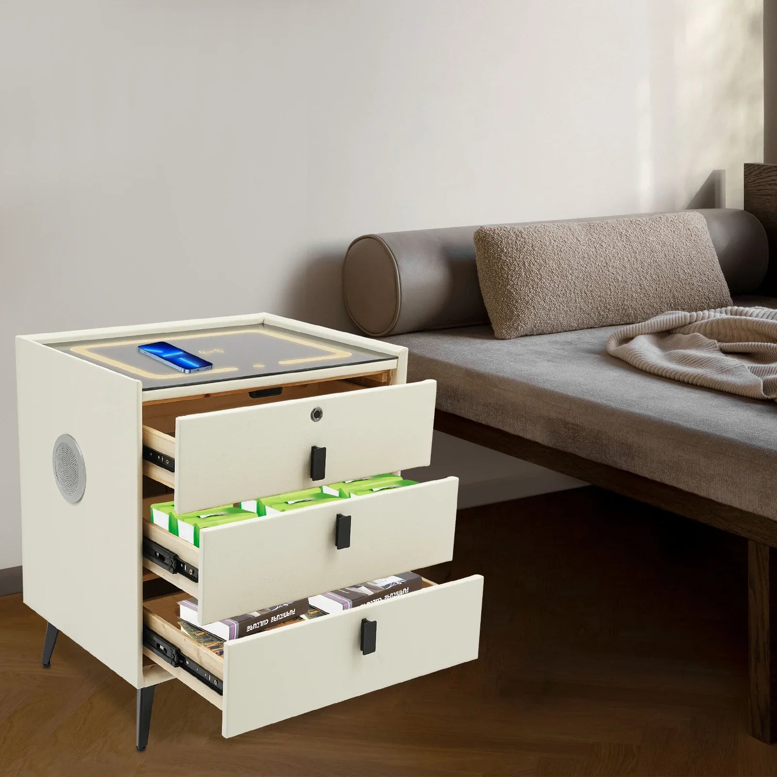 Elaron Smart Nightstand with LED Lighting & Fingerprint Lock | Wireless Charging Bedside Table with Bluetooth Speakers | Modern 3 Drawer Storage Cabinet
