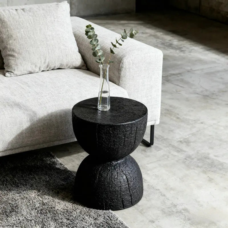 Rovinio Black Round Coffee Table | Tree Trunk Look Hourglass Side Table | Modern Rustic Accent Table