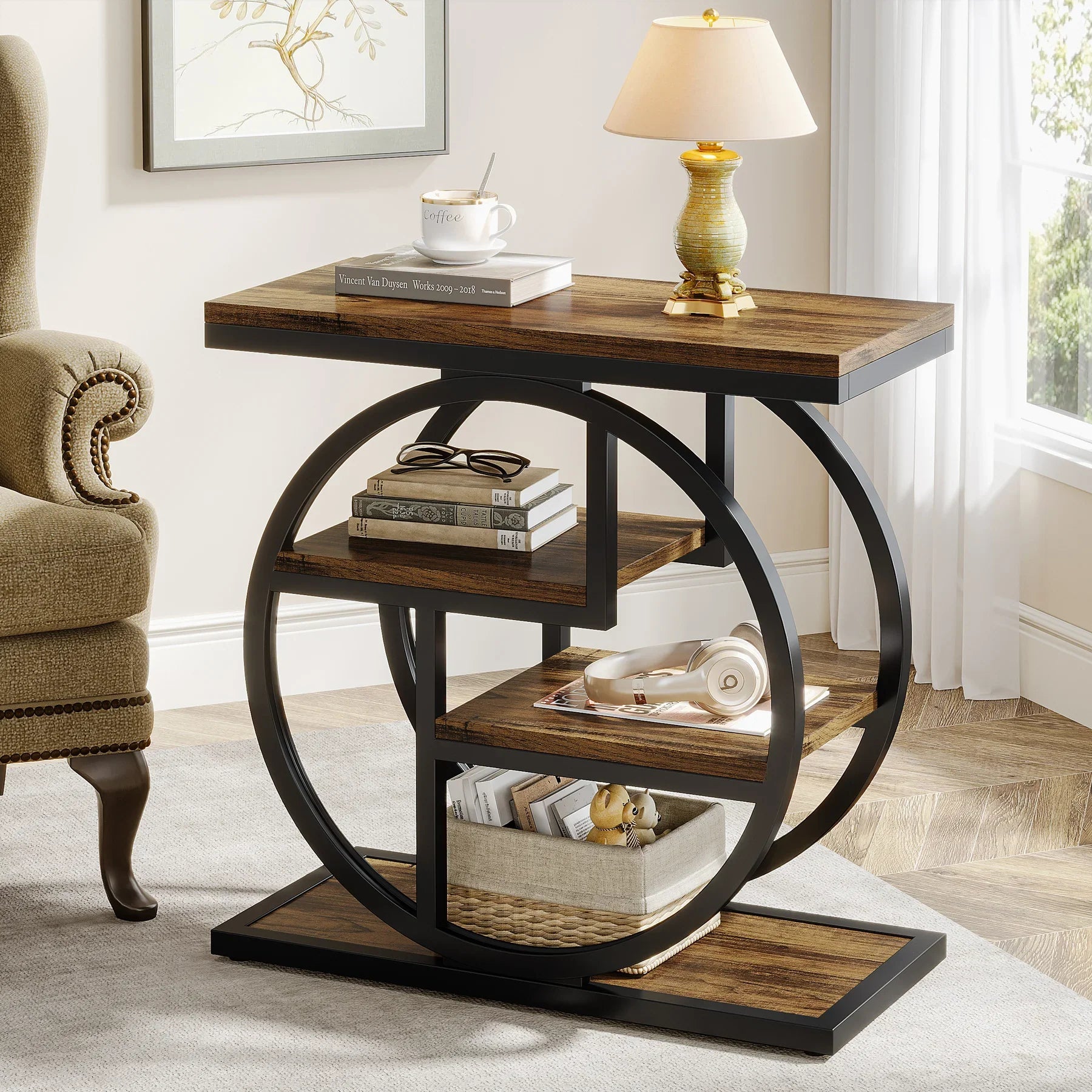 Isyvelra Industrial Narrow Side Table | 3-Tier Wooden Storage Shelf Table | Slim Space-Saving Nightstand & Sofa Table | Wood & Metal Design | 30 × 60 × 65 cm