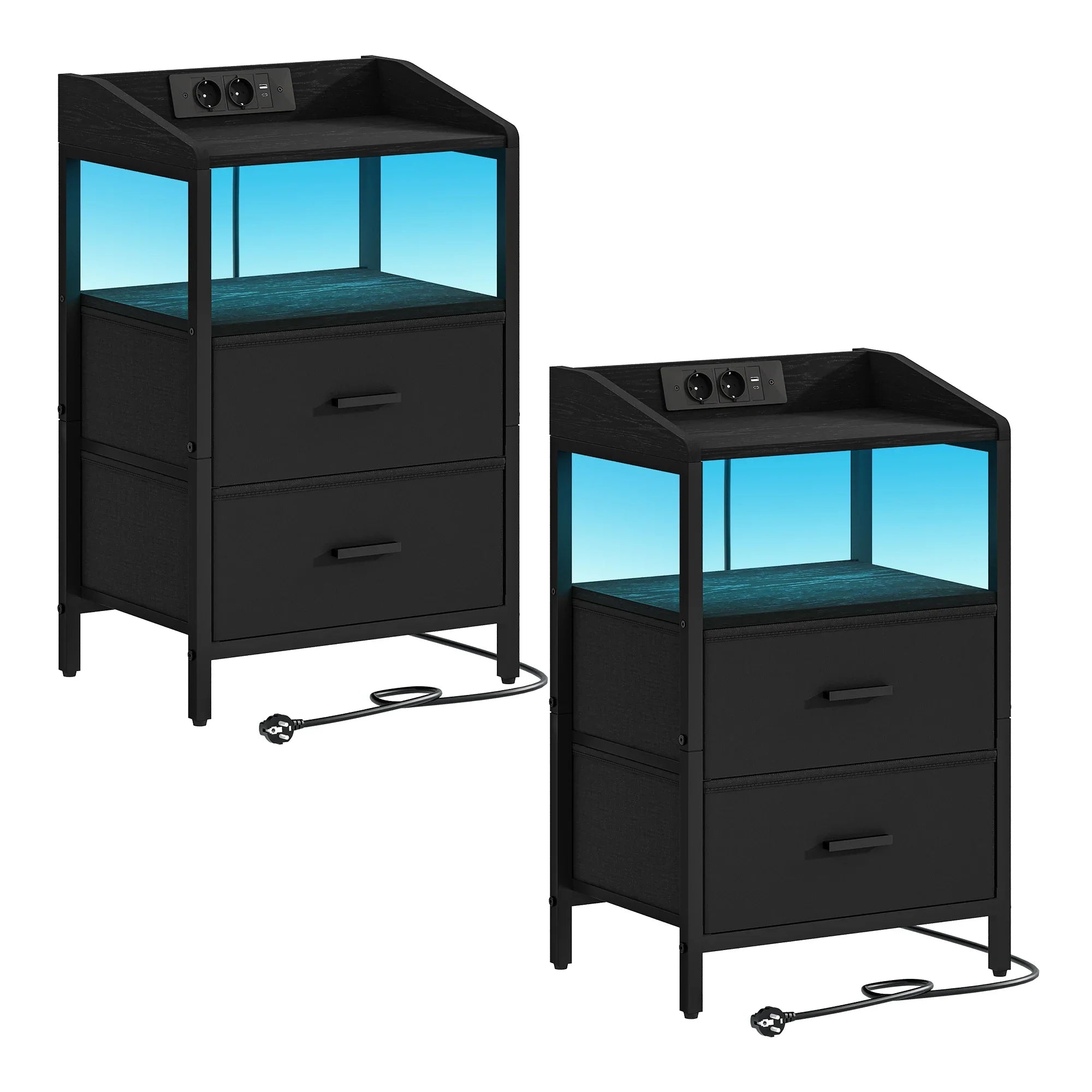 Lunova Nightstand Set of 2 with LED Lighting & Charging Station | Modern Bedside Tables with USB & Power Outlet | White/Black Storage Cabinets