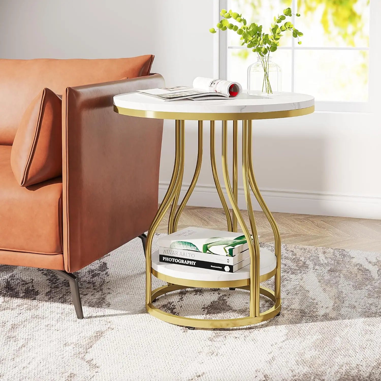 Isavelle Two-Tier Round Side Table | White Metal Frame Storage Table | Modern Sofa & Bedroom Nightstand