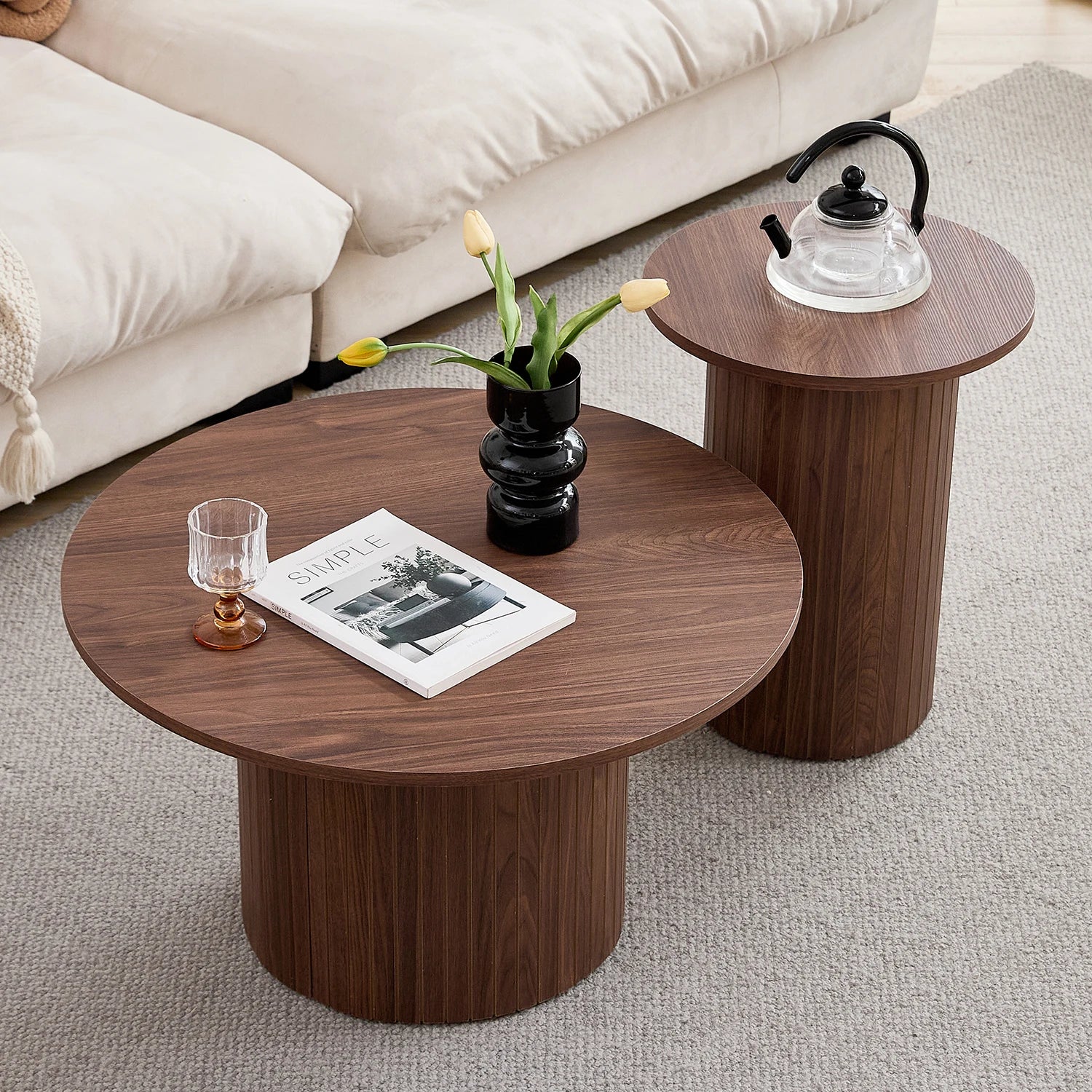 Arvellonn Round Nesting Coffee Table Set of 2 | 70 cm & 40 cm | Modern Space-Saving Center Tables
