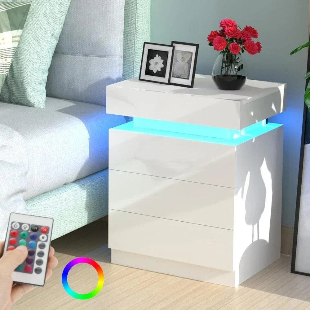 Velmira White High Gloss Nightstand with LED Lighting | Modern Bedside Table with 3 Drawers | LED Side Table for Bedroom