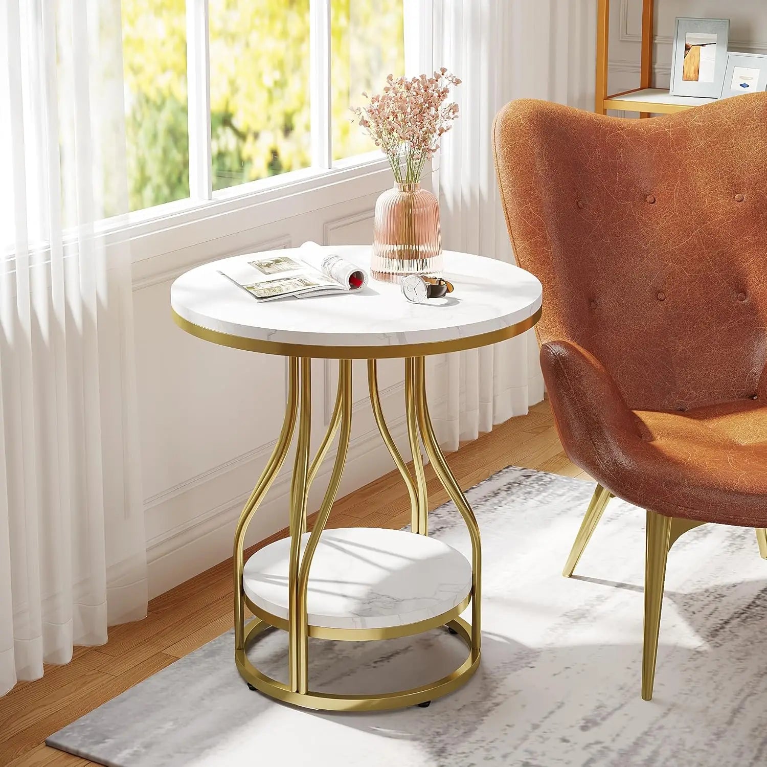 Isavelle Two-Tier Round Side Table | White Metal Frame Storage Table | Modern Sofa & Bedroom Nightstand