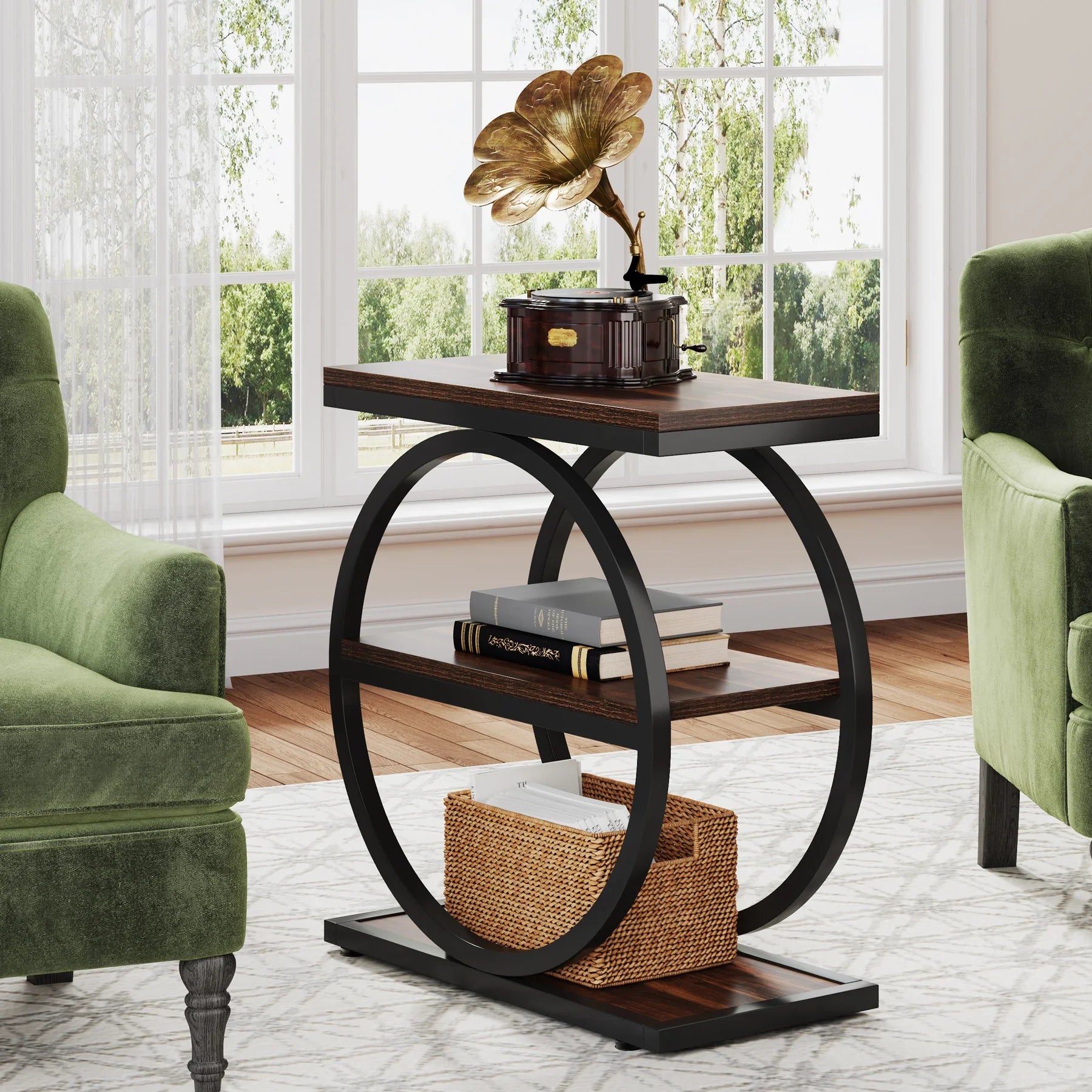Isyvelra Industrial Narrow Side Table | 3-Tier Wooden Storage Shelf Table | Slim Space-Saving Nightstand & Sofa Table | Wood & Metal Design | 30 × 60 × 65 cm