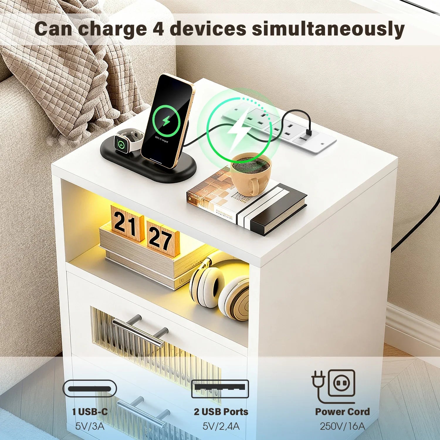 Noctura Nightstand with LED Lighting & Charging Station | 2 Drawer Bedside Table | Modern Black/White Storage Cabinet with USB & App Control