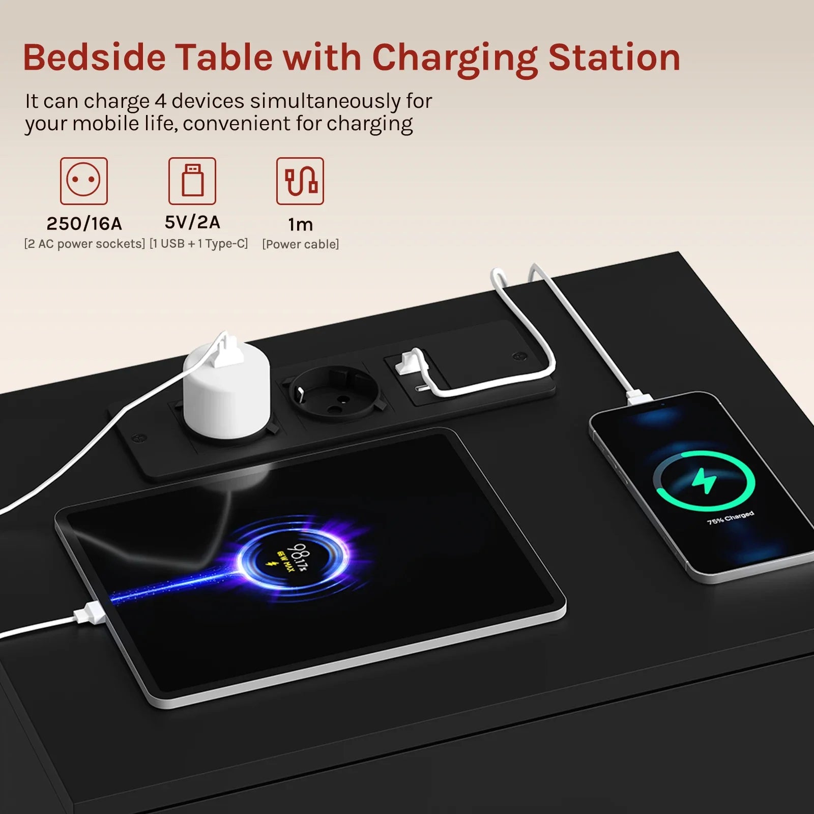 Tavira Modern Nightstand with 3 Drawers | Built-In Charging Port & Power Socket | Compact Bedside Table for Bedroom or Living Room