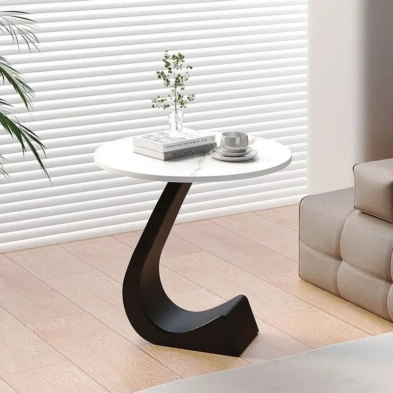 Alviano Modern Round Side Table Rock Slab Top | Minimalist Luxury Sofa & Bedside Table | Steel Frame, 11mm Premium Tabletop