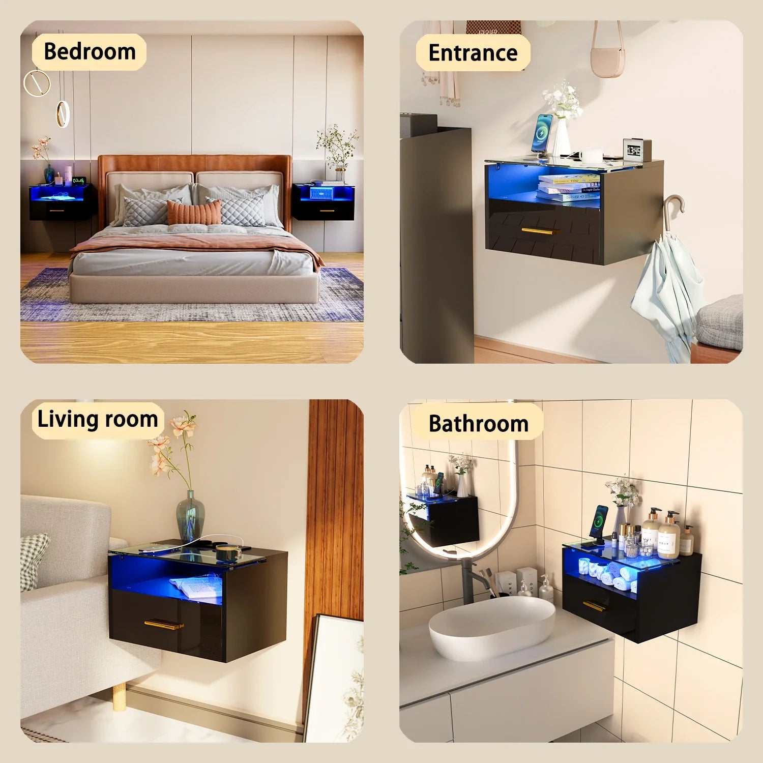 Norvane Wooden Nightstand with LED & Charging Station | Modern Bedside Table with Glass Top | USB & AC Power Outlet Storage Table